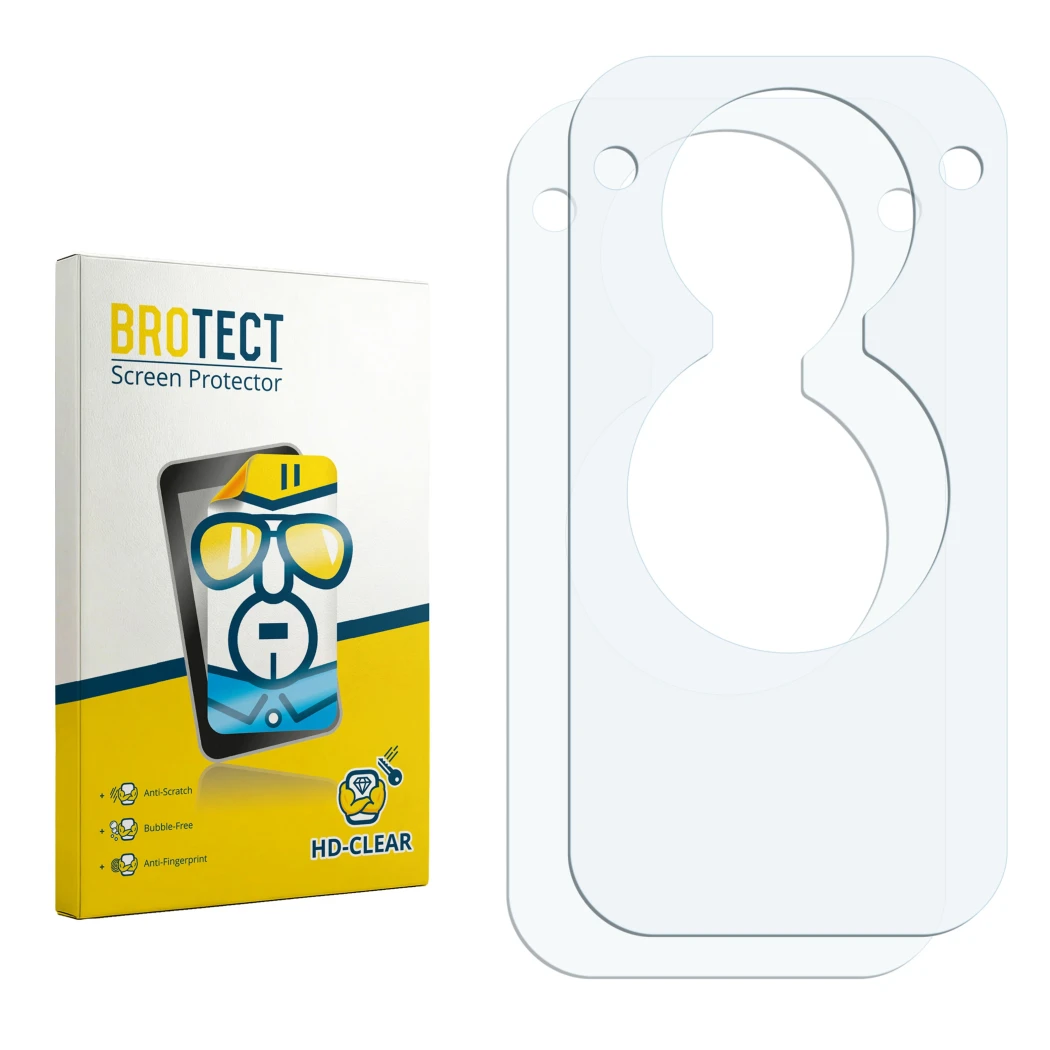 Parte frontal de un envase de producto con el logotipo de la marca BROTECT. Al lado está el protector de pantalla correspondie
