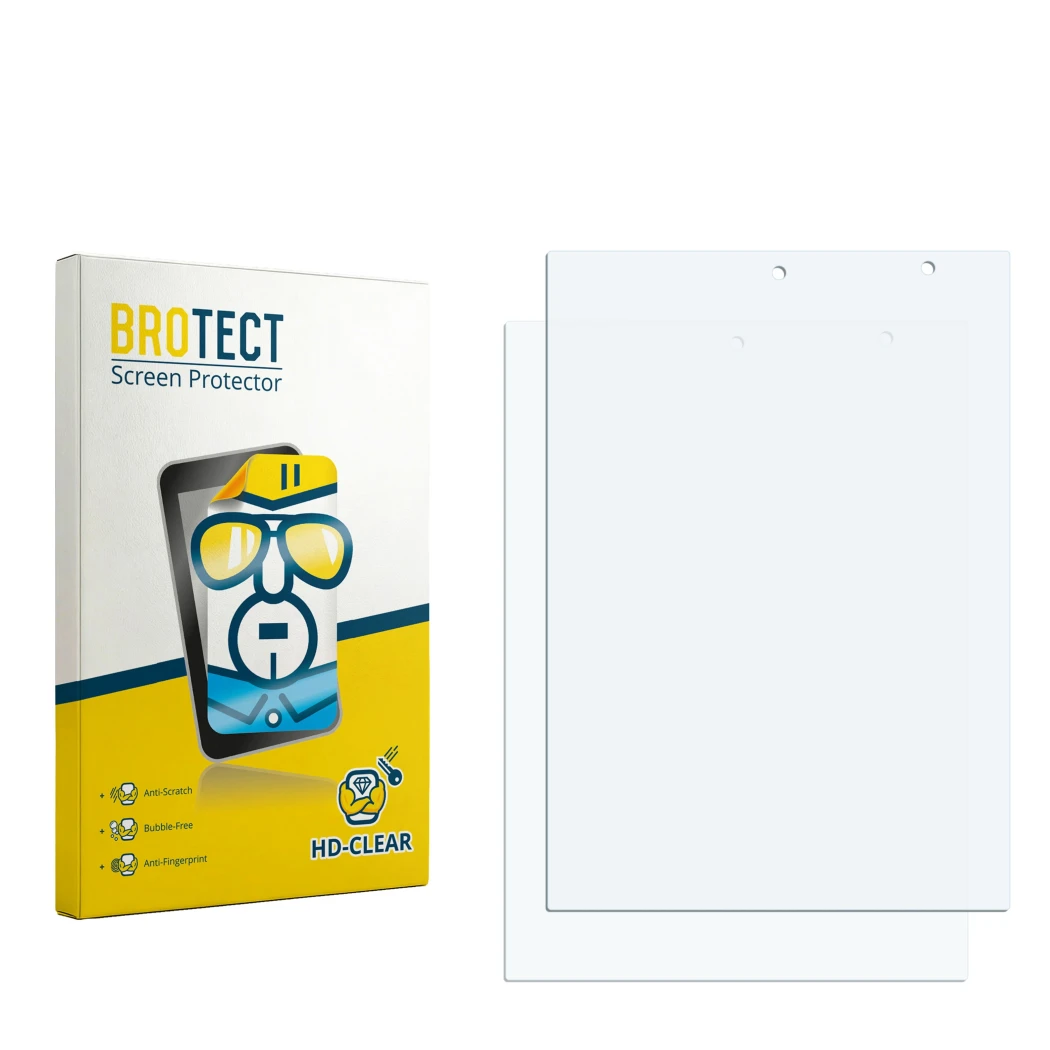 Parte frontal de un envase de producto con el logotipo de la marca BROTECT. Al lado está el protector de pantalla correspondie