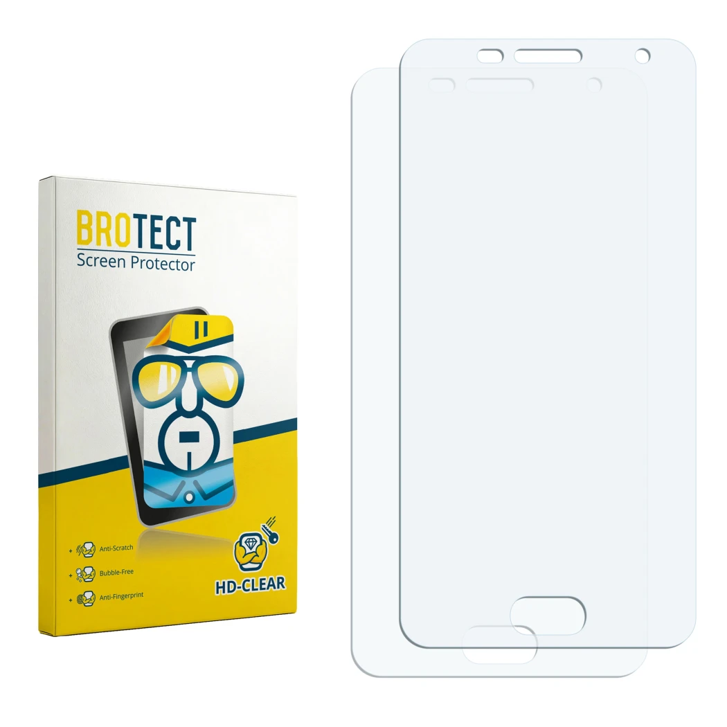 Parte frontal de un envase de producto con el logotipo de la marca BROTECT. Al lado está el protector de pantalla correspondie