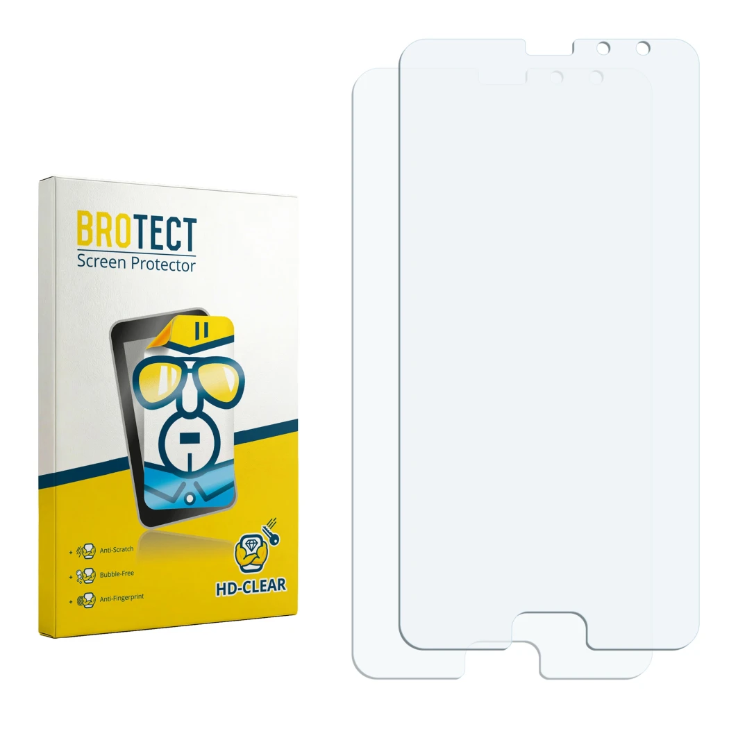 Parte frontal de un envase de producto con el logotipo de la marca BROTECT. Al lado está el protector de pantalla correspondie