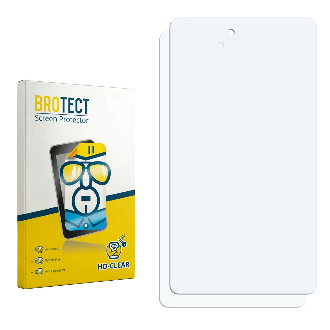 Parte frontal de un envase de producto con el logotipo de la marca BROTECT. Al lado está el protector de pantalla correspondie