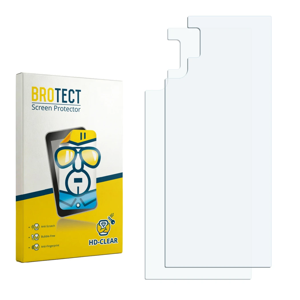 Parte frontal de un envase de producto con el logotipo de la marca BROTECT. Al lado está el protector de pantalla correspondie