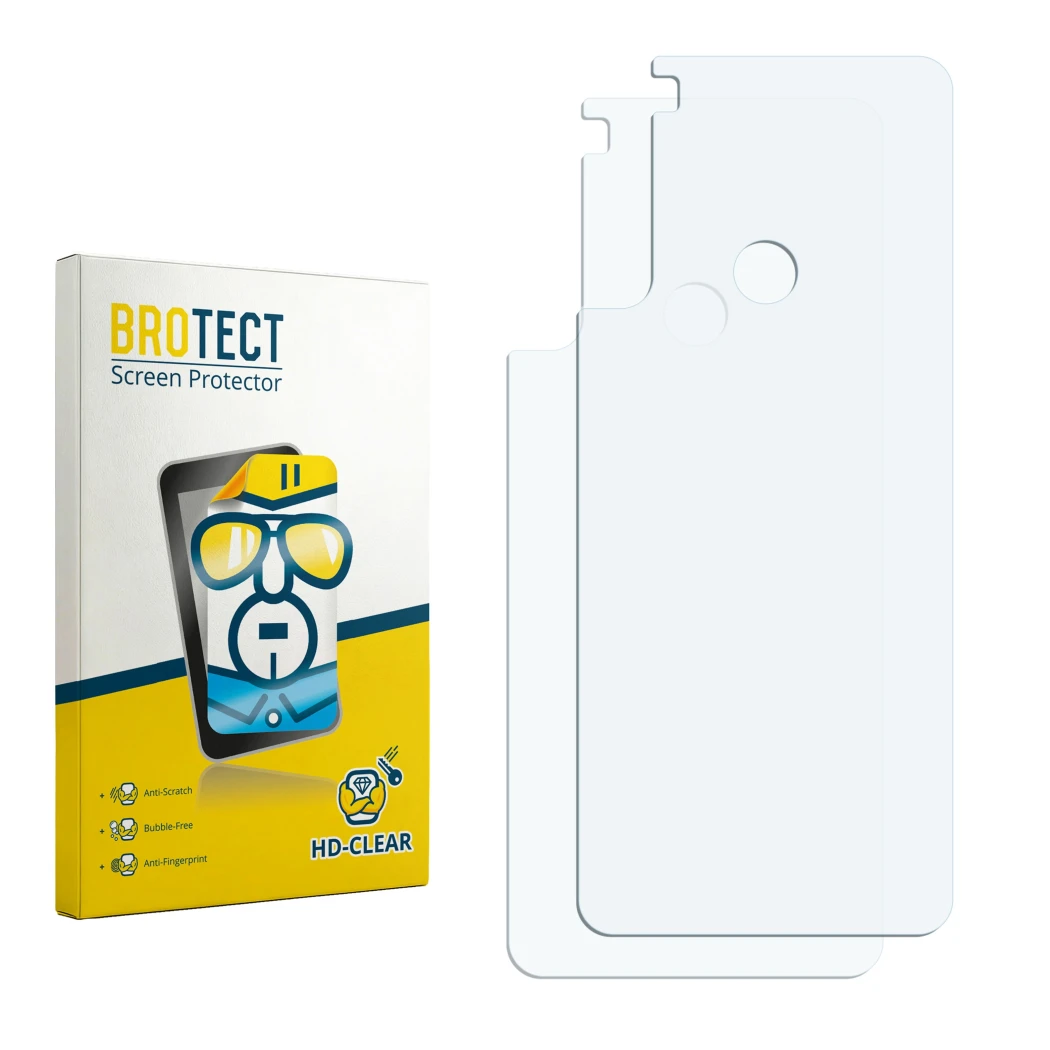 Parte frontal de un envase de producto con el logotipo de la marca BROTECT. Al lado está el protector de pantalla correspondie