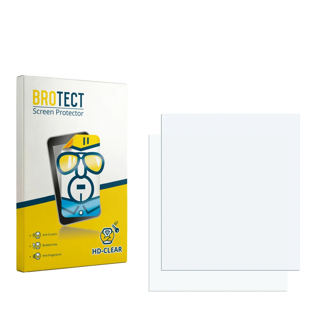Parte frontal de un envase de producto con el logotipo de la marca BROTECT. Al lado está el protector de pantalla correspondie