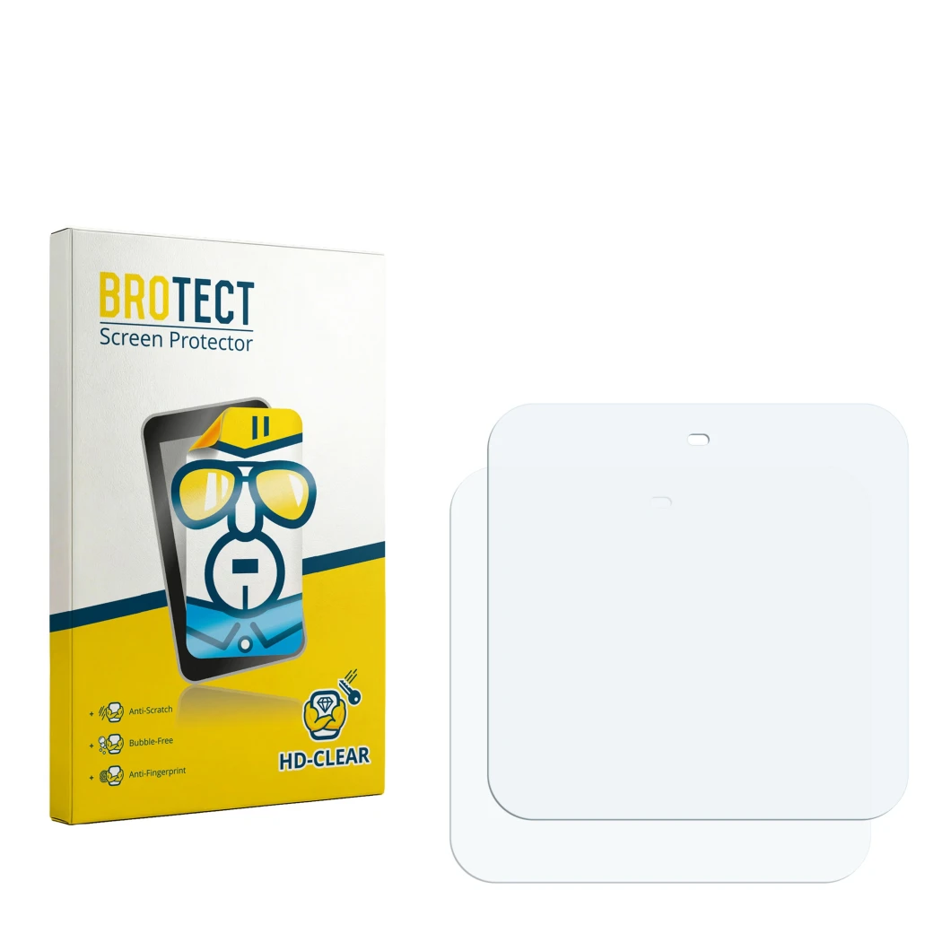 Parte frontal de un envase de producto con el logotipo de la marca BROTECT. Al lado está el protector de pantalla correspondie