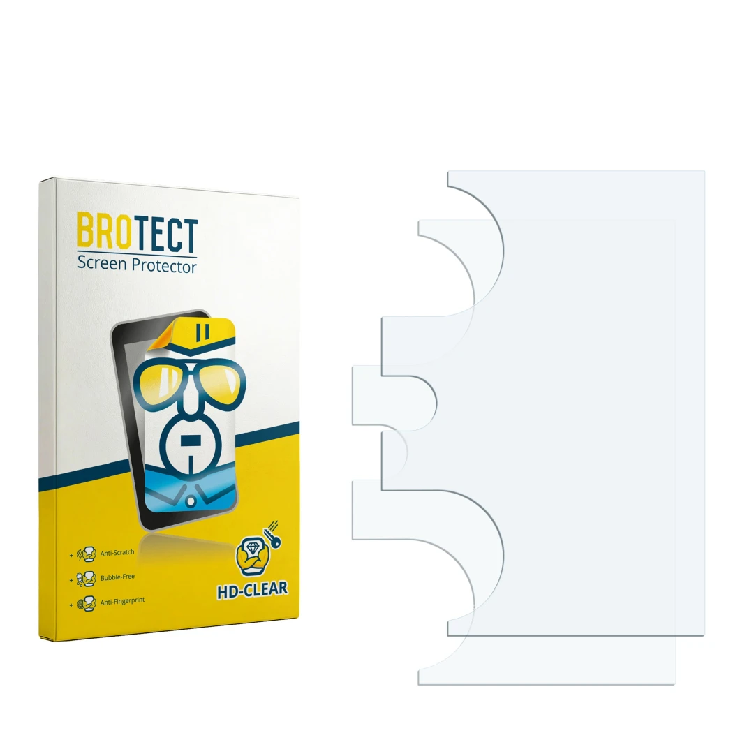 Parte frontal de un envase de producto con el logotipo de la marca BROTECT. Al lado está el protector de pantalla correspondie