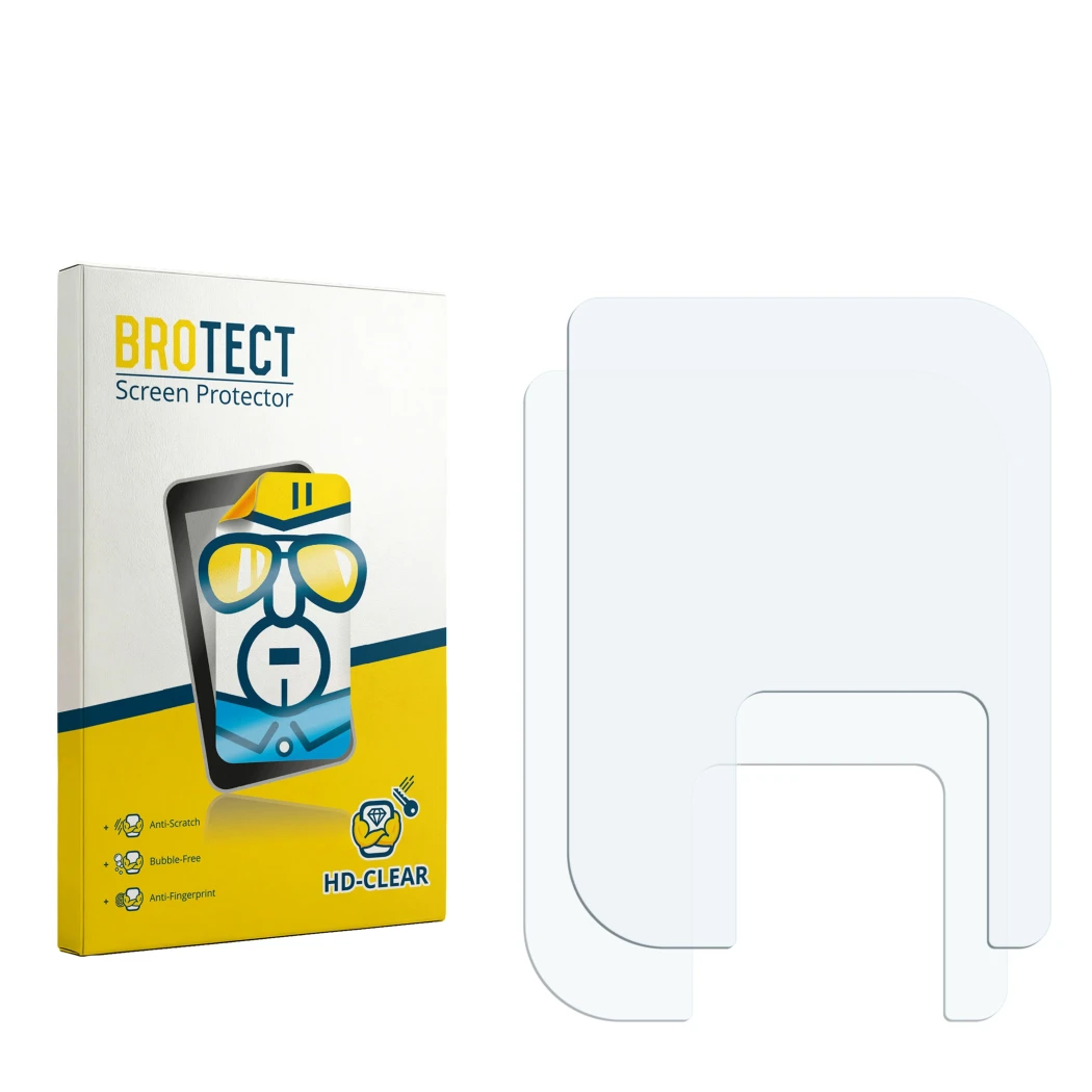 Parte frontal de un envase de producto con el logotipo de la marca BROTECT. Al lado está el protector de pantalla correspondie