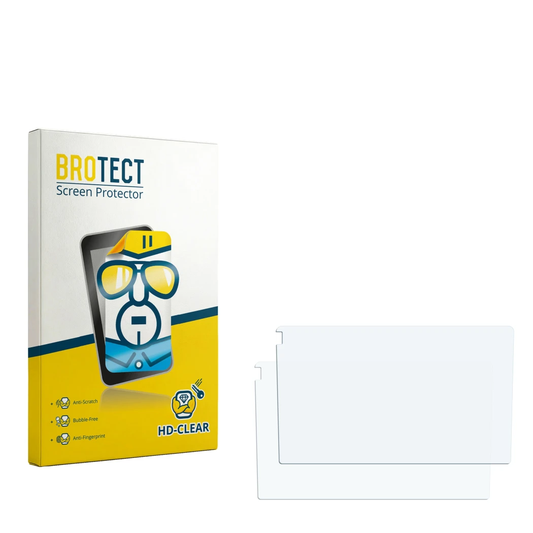 Parte frontal de un envase de producto con el logotipo de la marca BROTECT. Al lado está el protector de pantalla correspondie