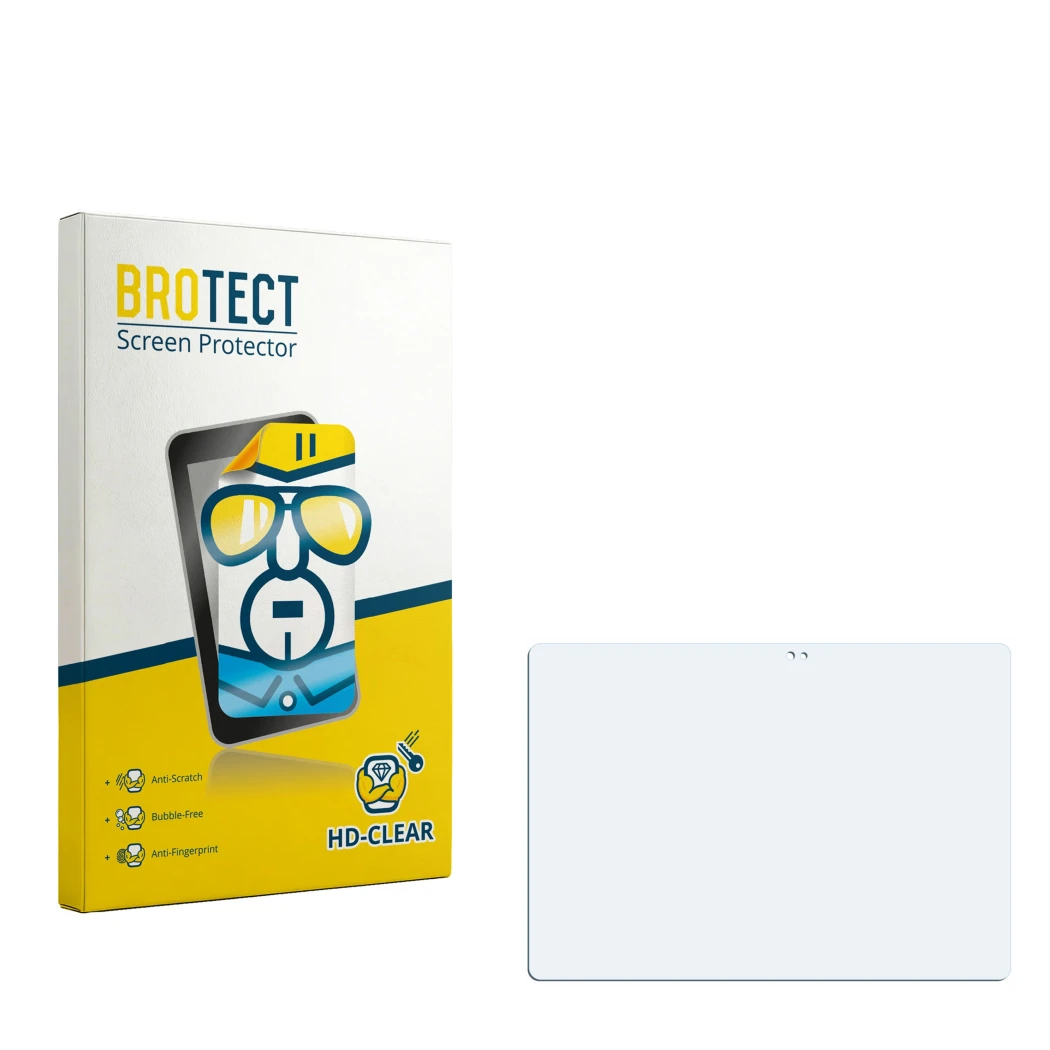 Parte frontal de un envase de producto con el logotipo de la marca BROTECT. Al lado está el protector de pantalla correspondie