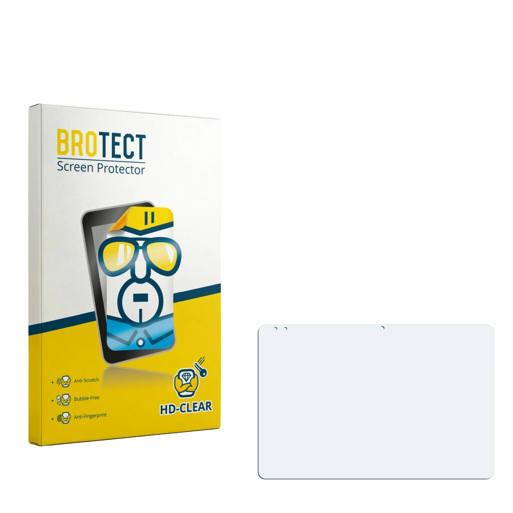 Parte frontal de un envase de producto con el logotipo de la marca BROTECT. Al lado está el protector de pantalla correspondie