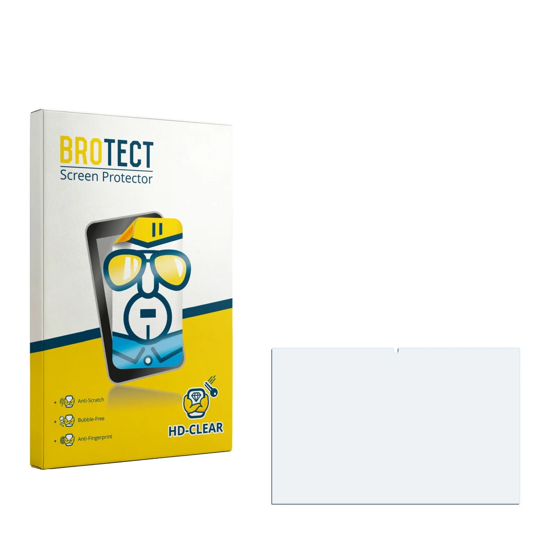 Parte frontal de un envase de producto con el logotipo de la marca BROTECT. Al lado está el protector de pantalla correspondie