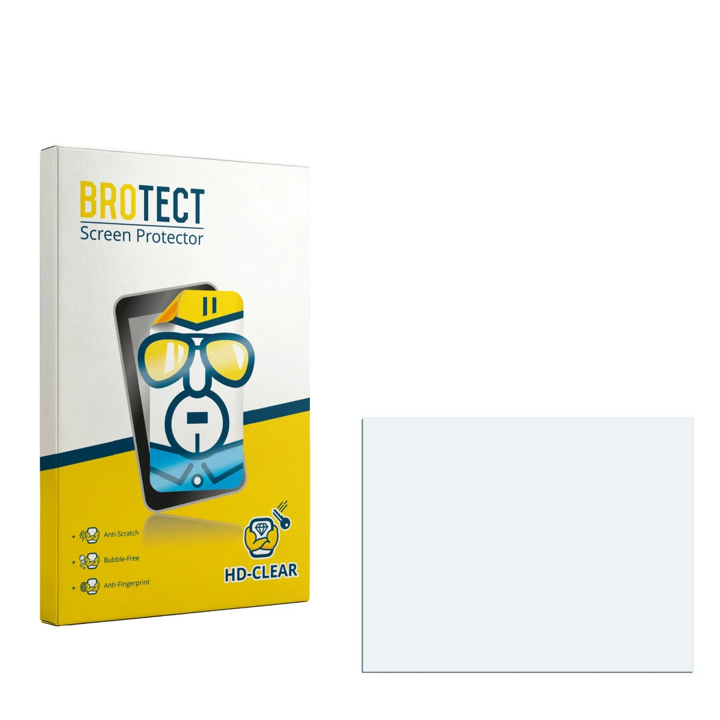 Parte frontal de un envase de producto con el logotipo de la marca BROTECT. Al lado está el protector de pantalla correspondie