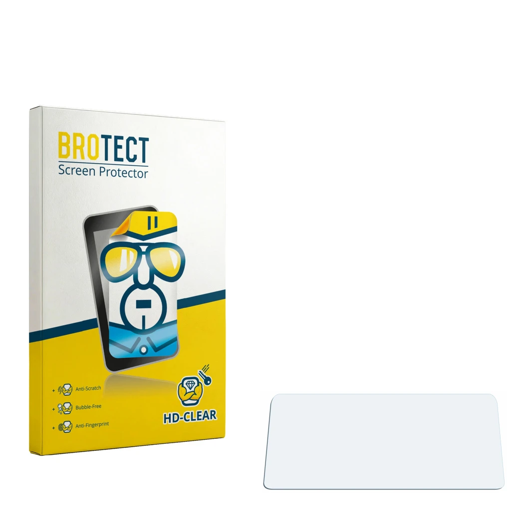 Parte frontal de un envase de producto con el logotipo de la marca BROTECT. Al lado está el protector de pantalla correspondie