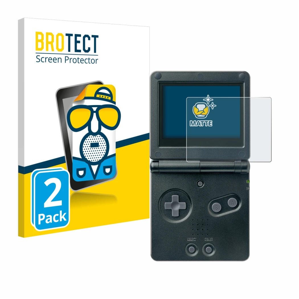 Parte frontal de un envase de producto con el logotipo de la marca BROTECT. Al lado se muestra el dispositivo Nintendo Gameboy