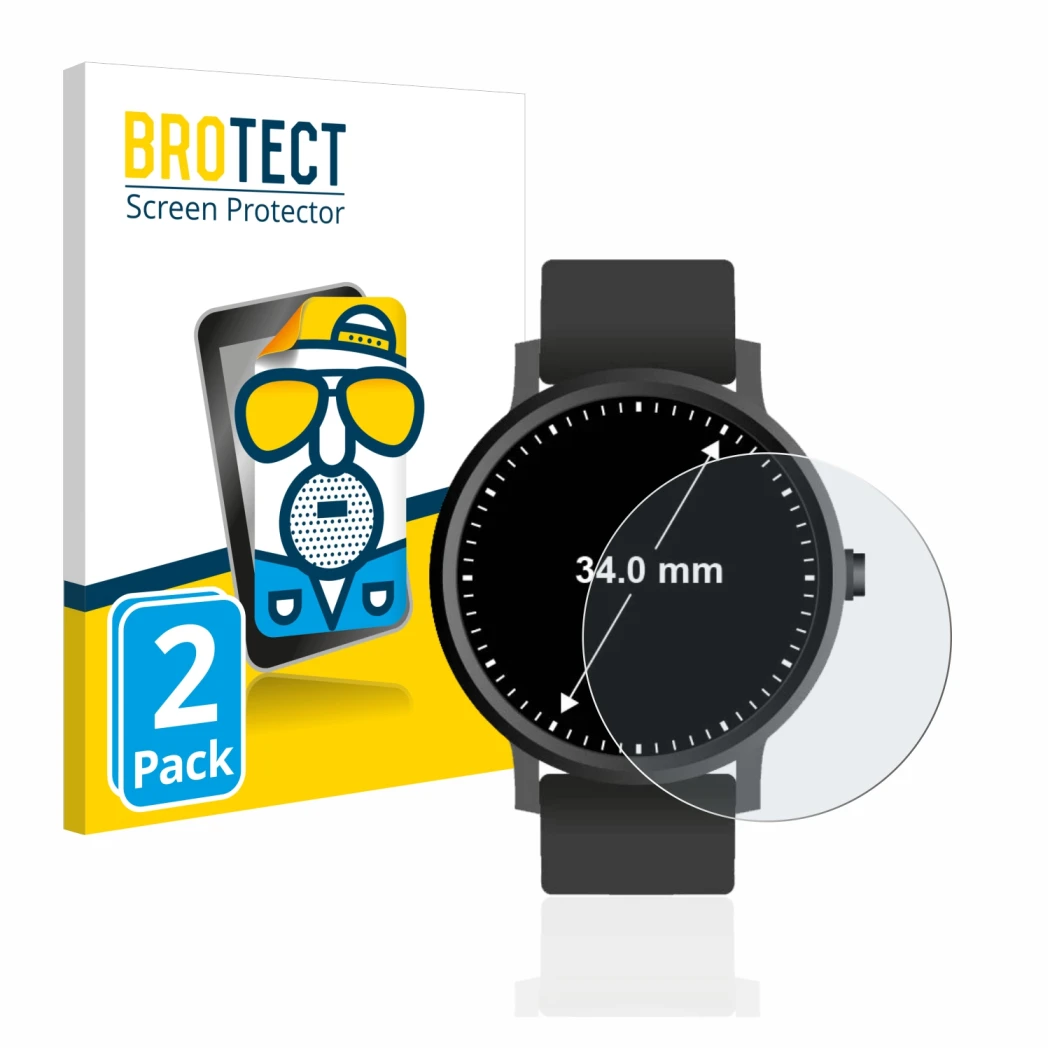 Parte frontal de un envase de producto con el logotipo de la marca BROTECT. Al lado se muestra el dispositivo Relojes (Circula