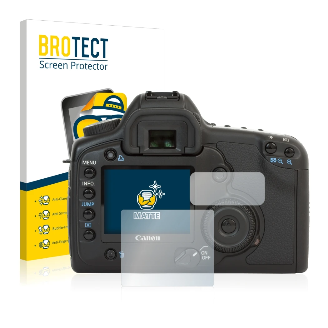 Parte frontal de un envase de producto con el logotipo de la marca BROTECT. Al lado se muestra el dispositivo Canon EOS 5D con