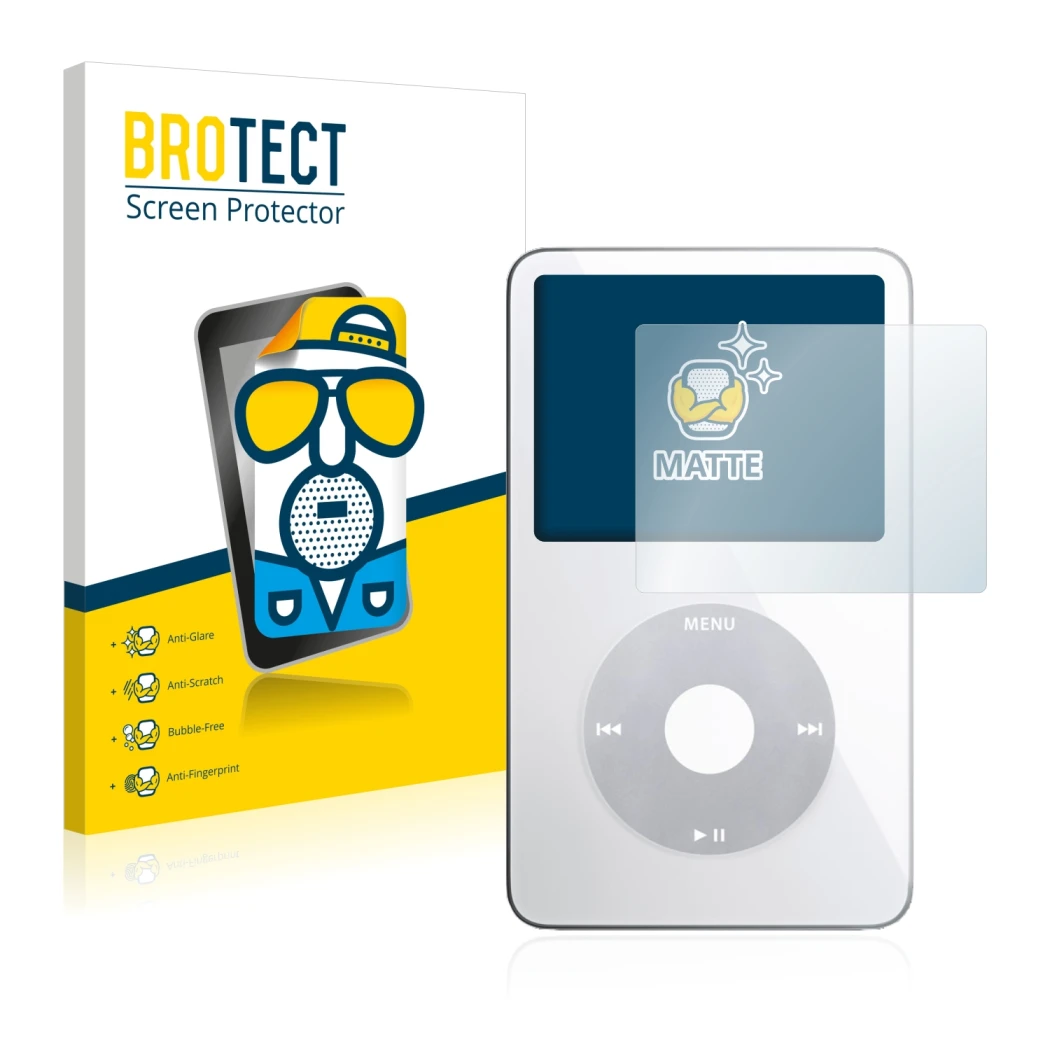 Parte frontal de un envase de producto con el logotipo de la marca BROTECT. Al lado se muestra el dispositivo Apple iPod class