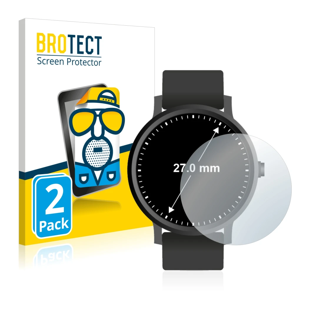 Parte frontal de un envase de producto con el logotipo de la marca BROTECT. Al lado se muestra el dispositivo Relojes (Circula