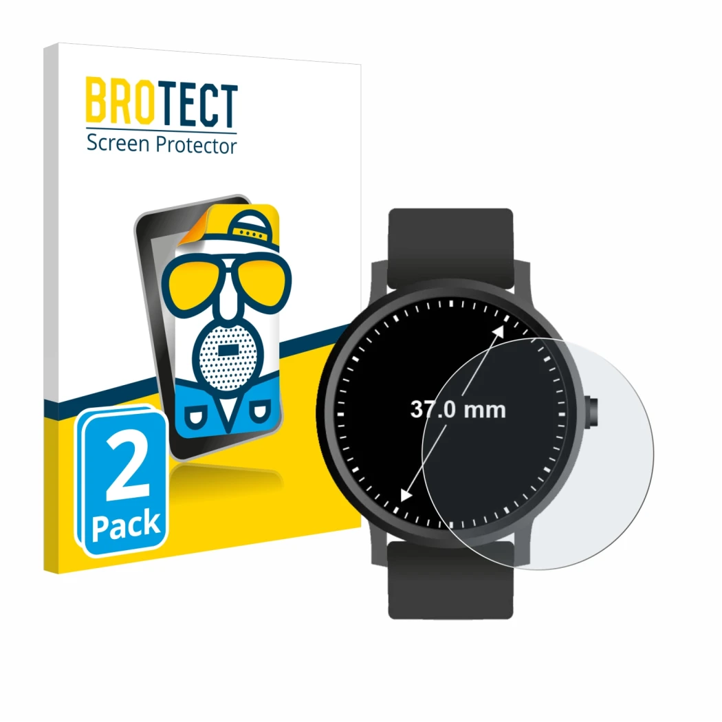 Parte frontal de un envase de producto con el logotipo de la marca BROTECT. Al lado se muestra el dispositivo Relojes (Circula