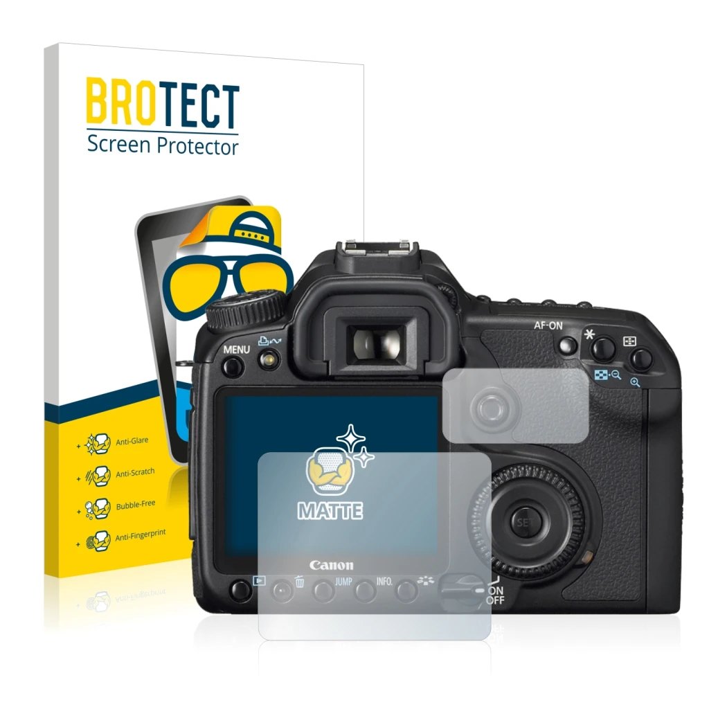 Parte frontal de un envase de producto con el logotipo de la marca BROTECT. Al lado se muestra el dispositivo Canon EOS 40D co