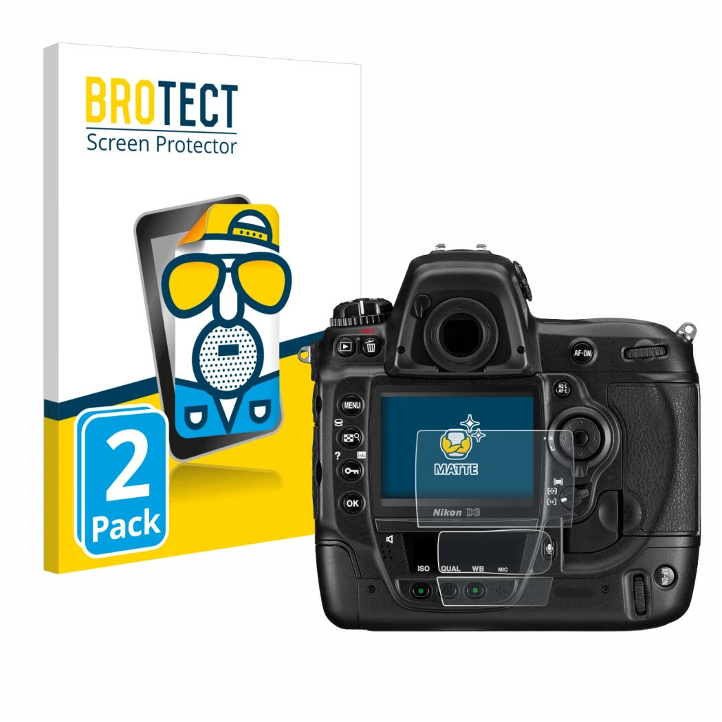 Parte frontal de un envase de producto con el logotipo de la marca BROTECT. Al lado se muestra el dispositivo Nikon D3 con su