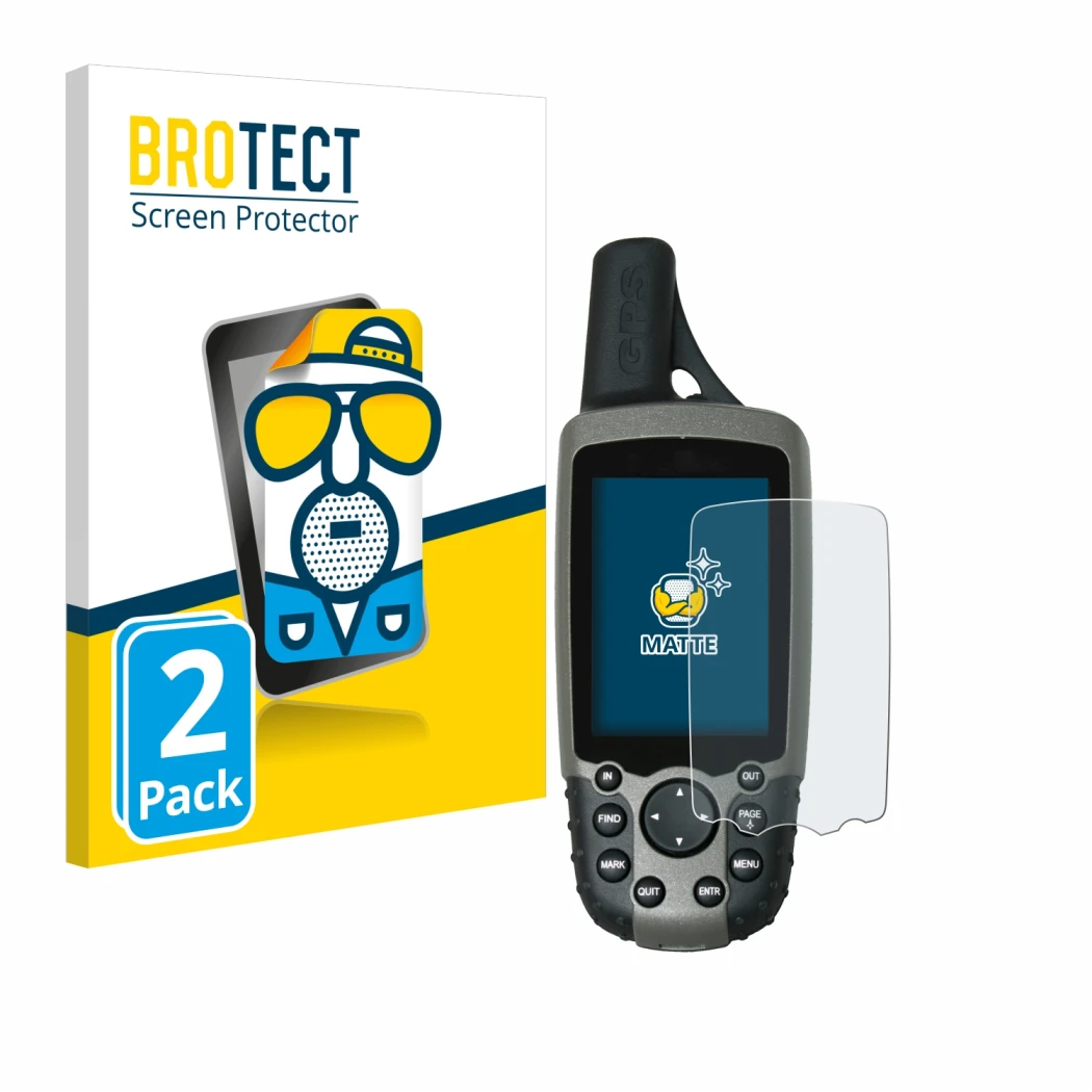 Parte frontal de un envase de producto con el logotipo de la marca BROTECT. Al lado se muestra el dispositivo Garmin GPSMAP 60