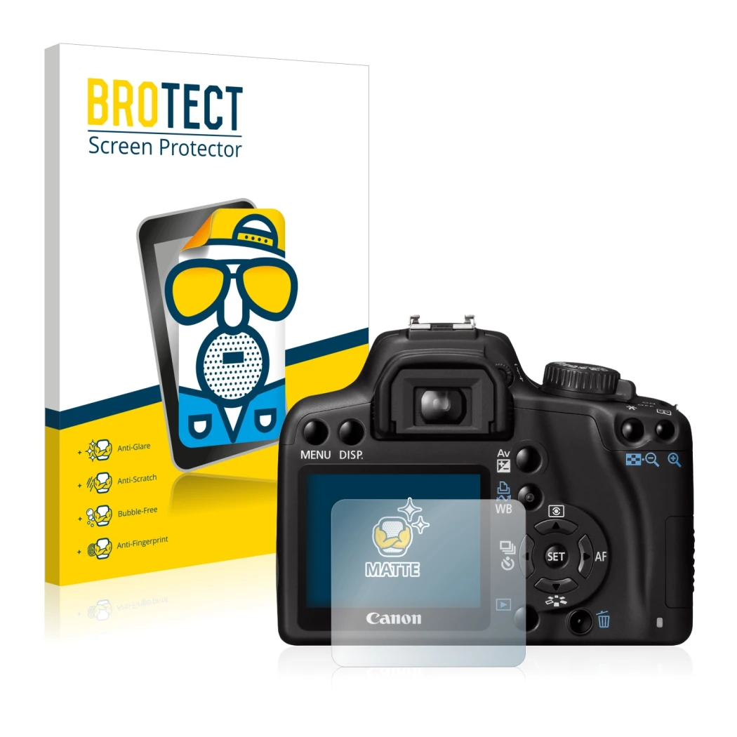 Parte frontal de un envase de producto con el logotipo de la marca BROTECT. Al lado se muestra el dispositivo Canon EOS 1000D