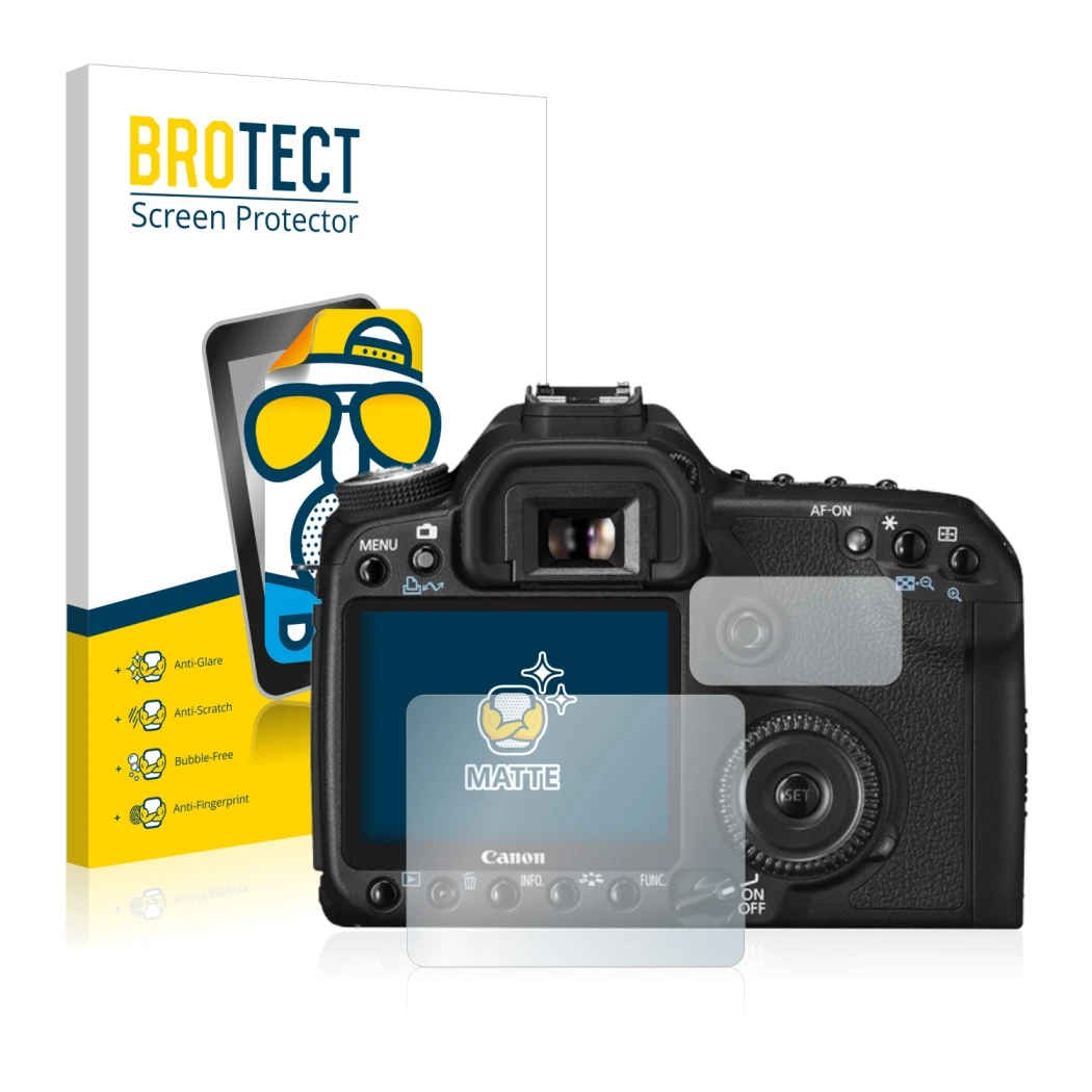 Parte frontal de un envase de producto con el logotipo de la marca BROTECT. Al lado se muestra el dispositivo Canon EOS 50D co