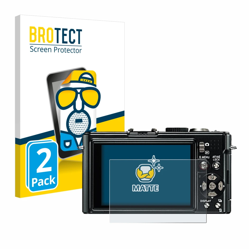 Parte frontal de un envase de producto con el logotipo de la marca BROTECT. Al lado se muestra el dispositivo Leica D-Lux 4 co