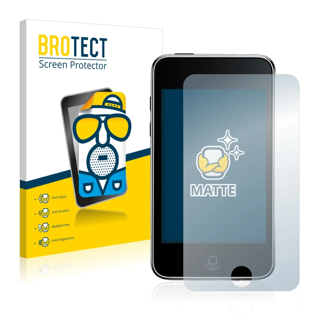 Parte frontal de un envase de producto con el logotipo de la marca BROTECT. Al lado se muestra el dispositivo Apple iPod Touch
