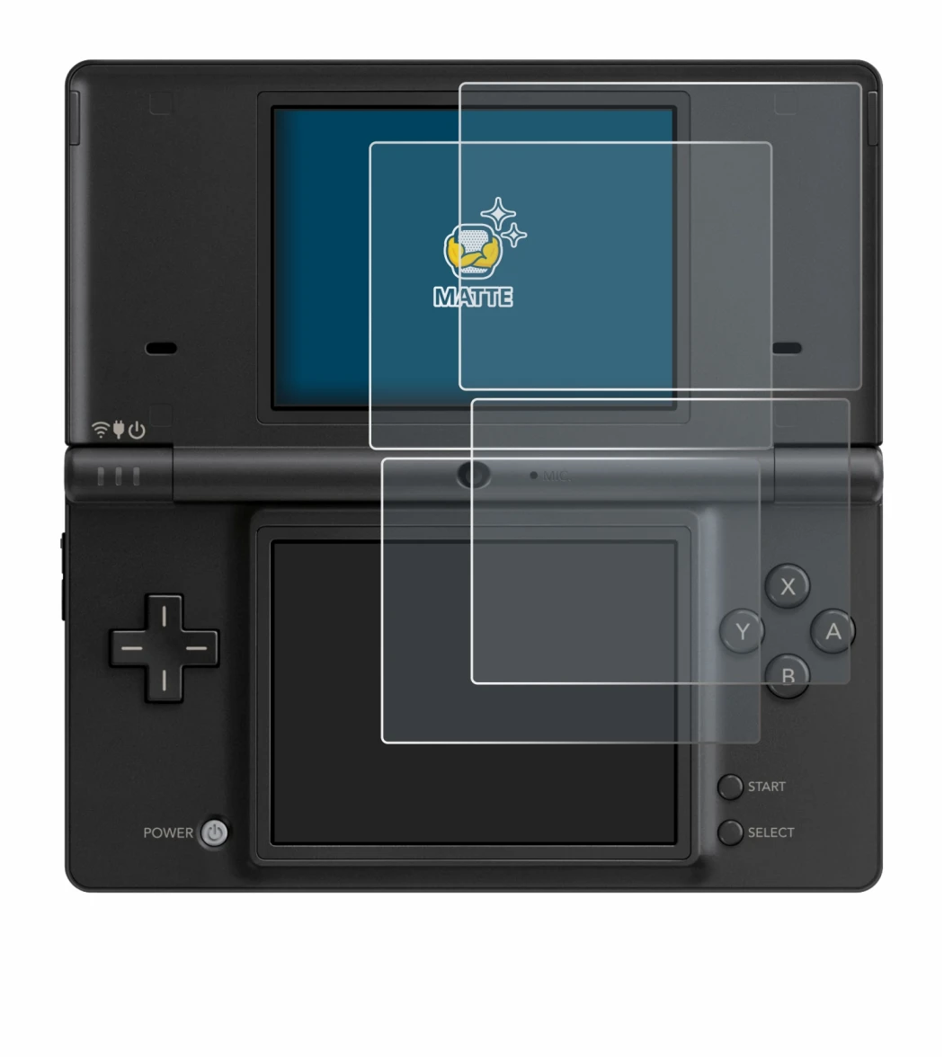 Imagen del dispositivo Nintendo DSi con una amplia variedad de protectores de pantalla.