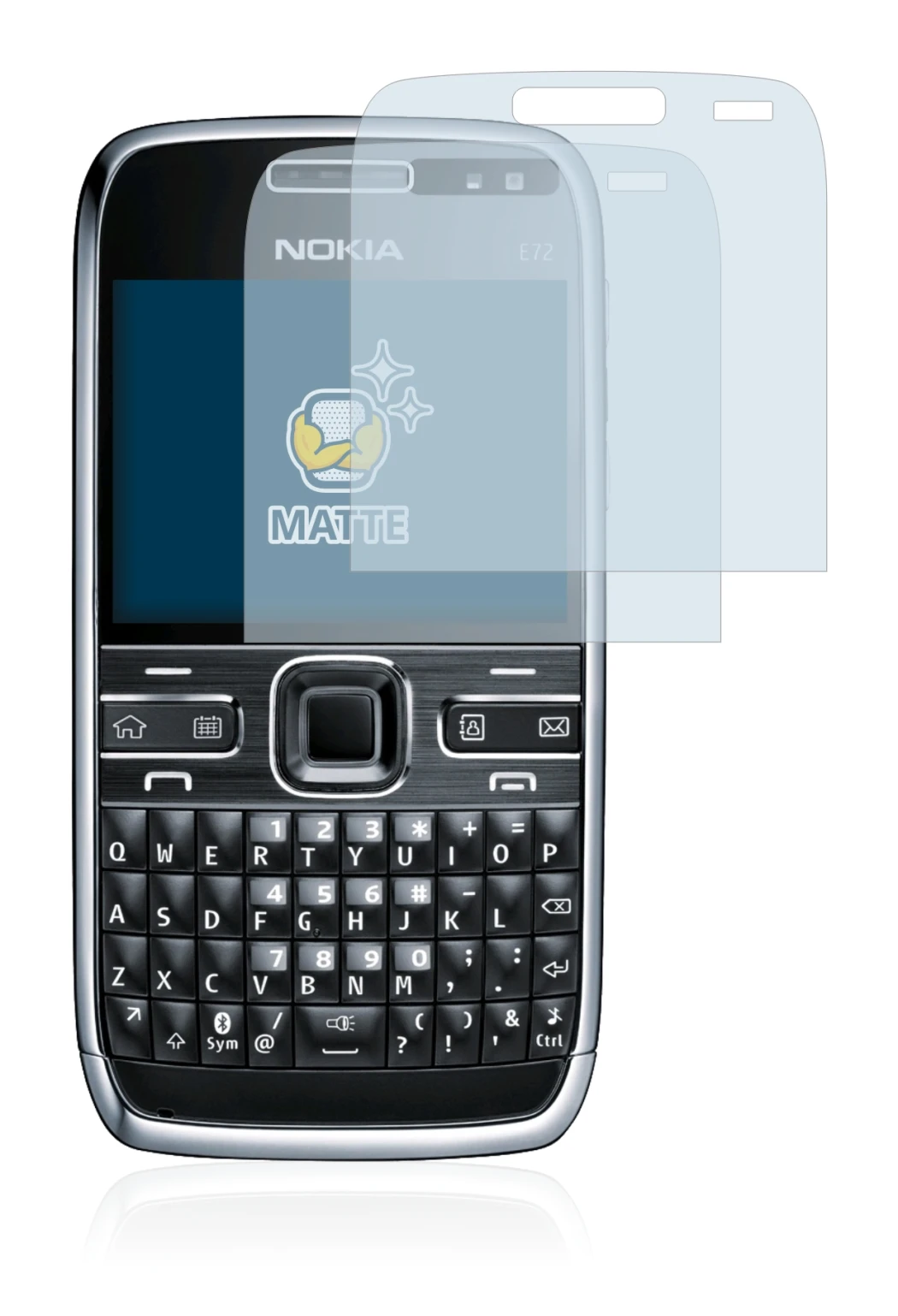 Imagen del dispositivo Nokia E72 con una amplia variedad de protectores de pantalla.