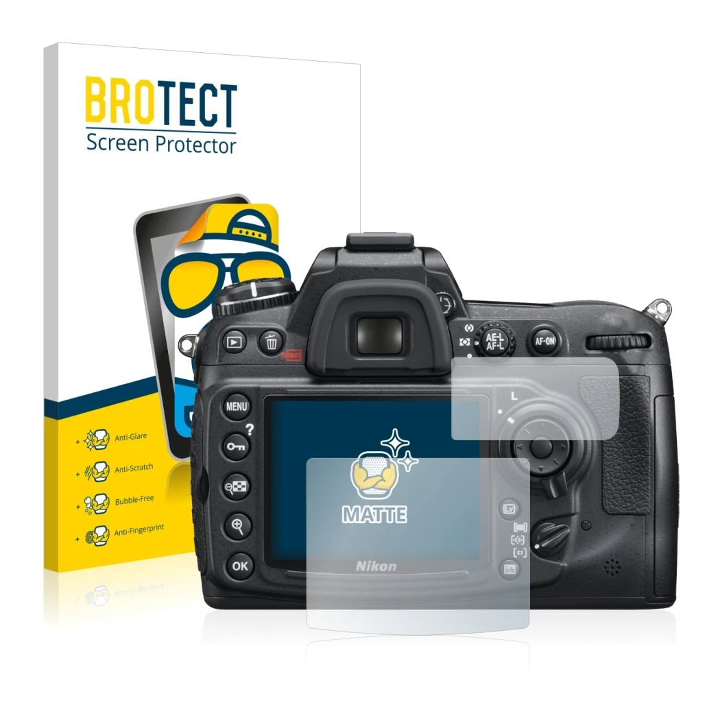 Parte frontal de un envase de producto con el logotipo de la marca BROTECT. Al lado se muestra el dispositivo Nikon D300S con
