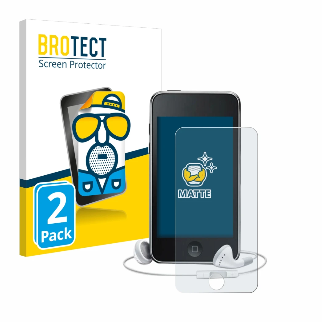 Parte frontal de un envase de producto con el logotipo de la marca BROTECT. Al lado se muestra el dispositivo Apple iPod Touch