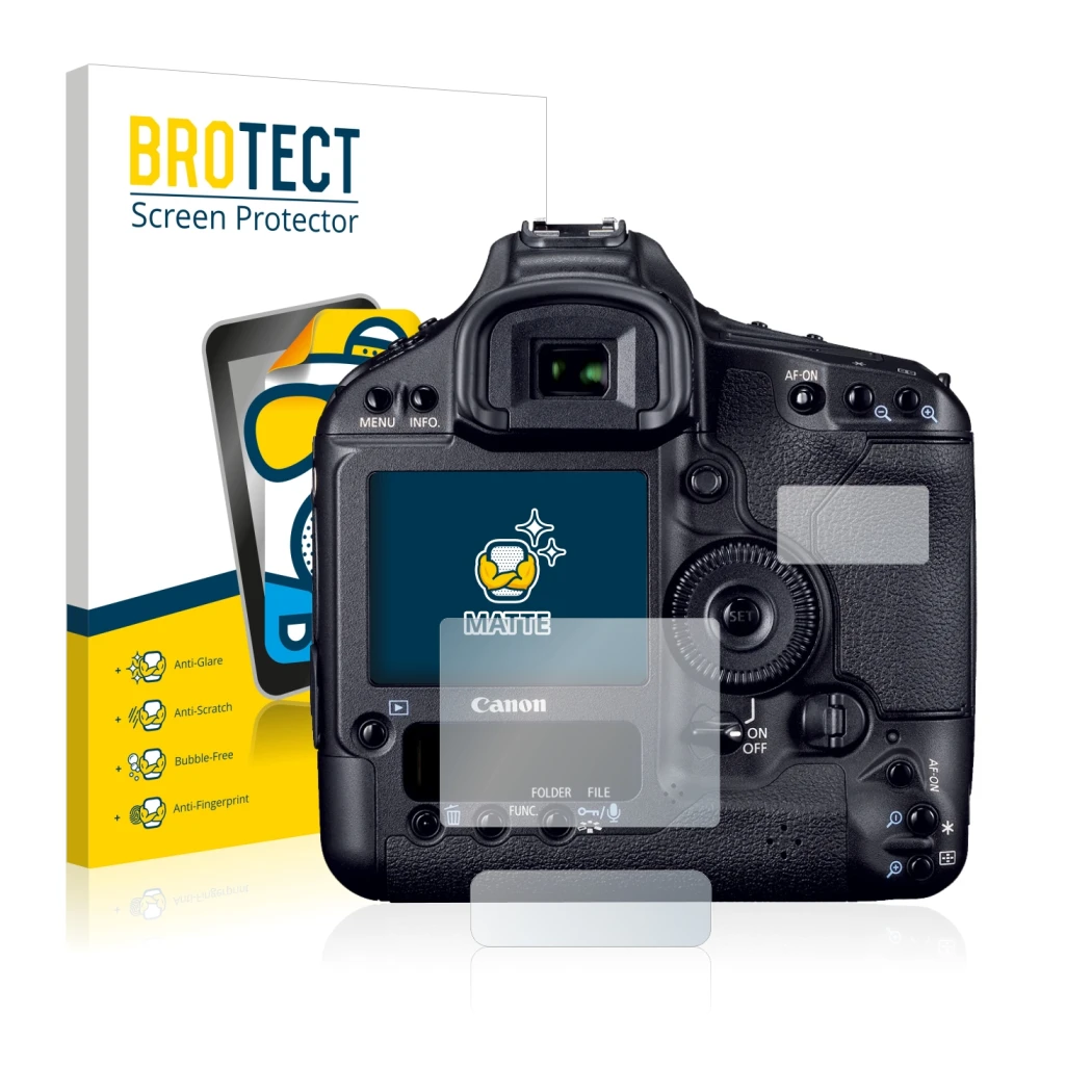 Parte frontal de un envase de producto con el logotipo de la marca BROTECT. Al lado se muestra el dispositivo Canon EOS 1D Mar