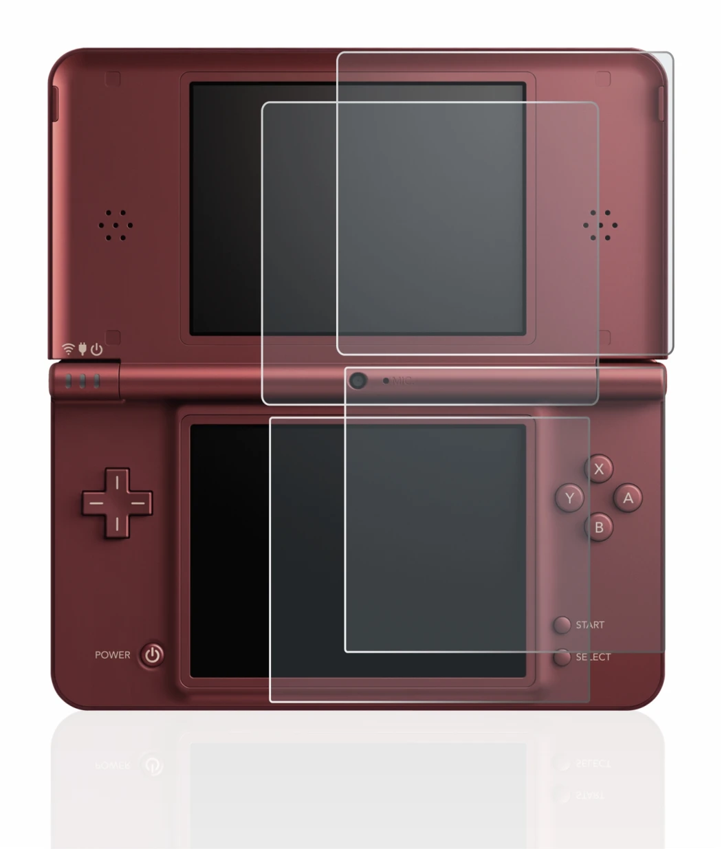 Imagen del dispositivo Nintendo DSi XL con una amplia variedad de protectores de pantalla.