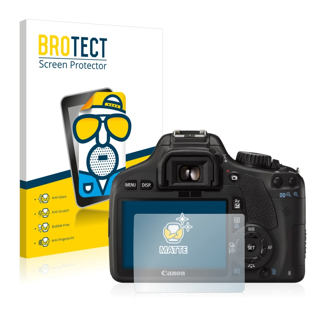 Parte frontal de un envase de producto con el logotipo de la marca BROTECT. Al lado se muestra el dispositivo Canon EOS 550D c