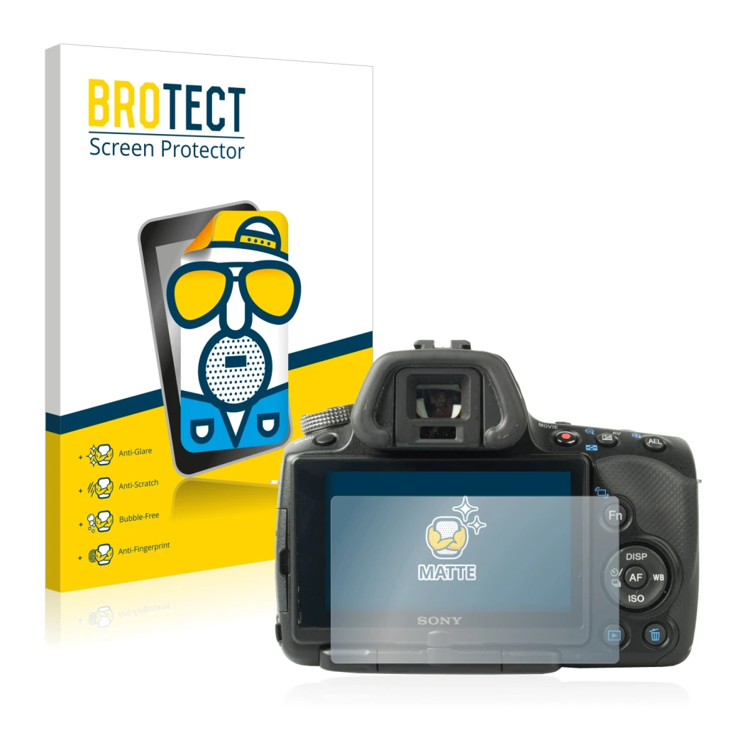 Parte frontal de un envase de producto con el logotipo de la marca BROTECT. Al lado se muestra el dispositivo Sony Alpha 55 (S
