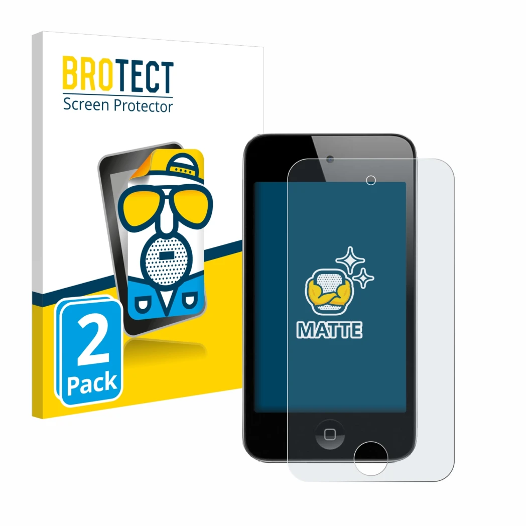 Parte frontal de un envase de producto con el logotipo de la marca BROTECT. Al lado se muestra el dispositivo Apple iPod Touch