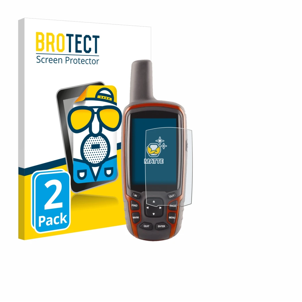 Parte frontal de un envase de producto con el logotipo de la marca BROTECT. Al lado se muestra el dispositivo Garmin GPSMAP 62