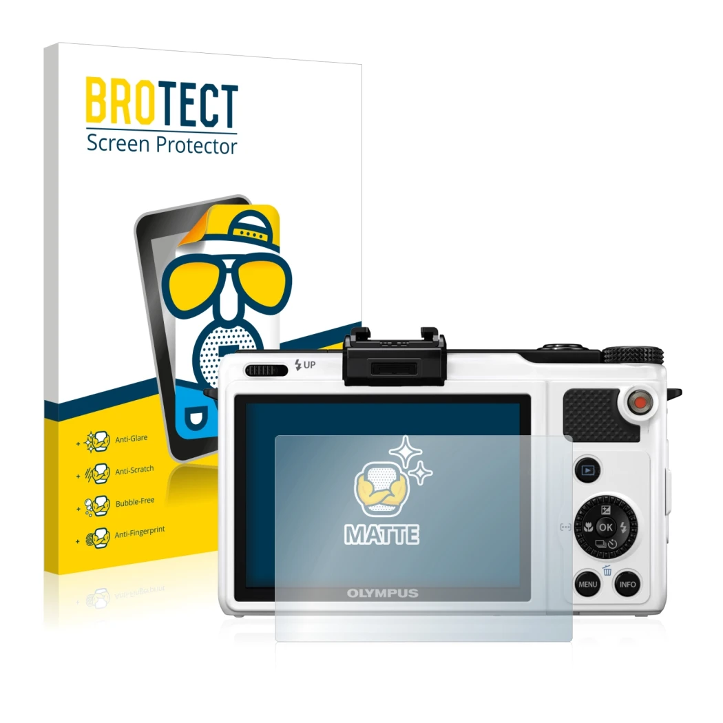 Parte frontal de un envase de producto con el logotipo de la marca BROTECT. Al lado se muestra el dispositivo Olympus XZ-1 con