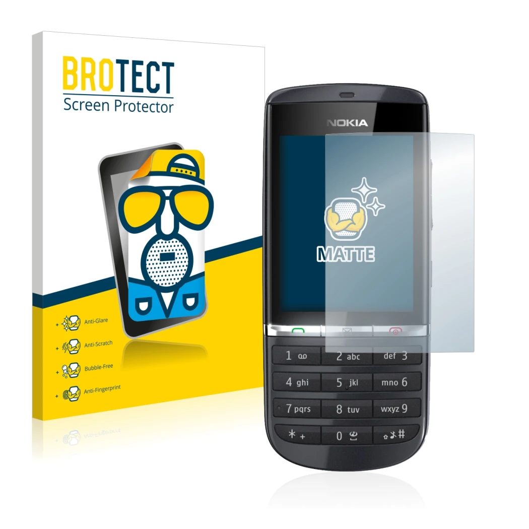 Parte frontal de un envase de producto con el logotipo de la marca BROTECT. Al lado se muestra el dispositivo Nokia Asha 300 c