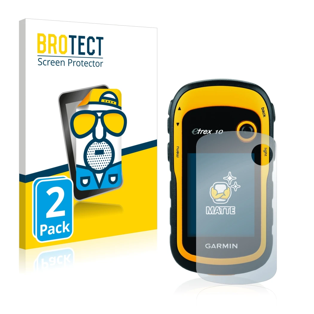 Parte frontal de un envase de producto con el logotipo de la marca BROTECT. Al lado se muestra el dispositivo Garmin eTrex 10