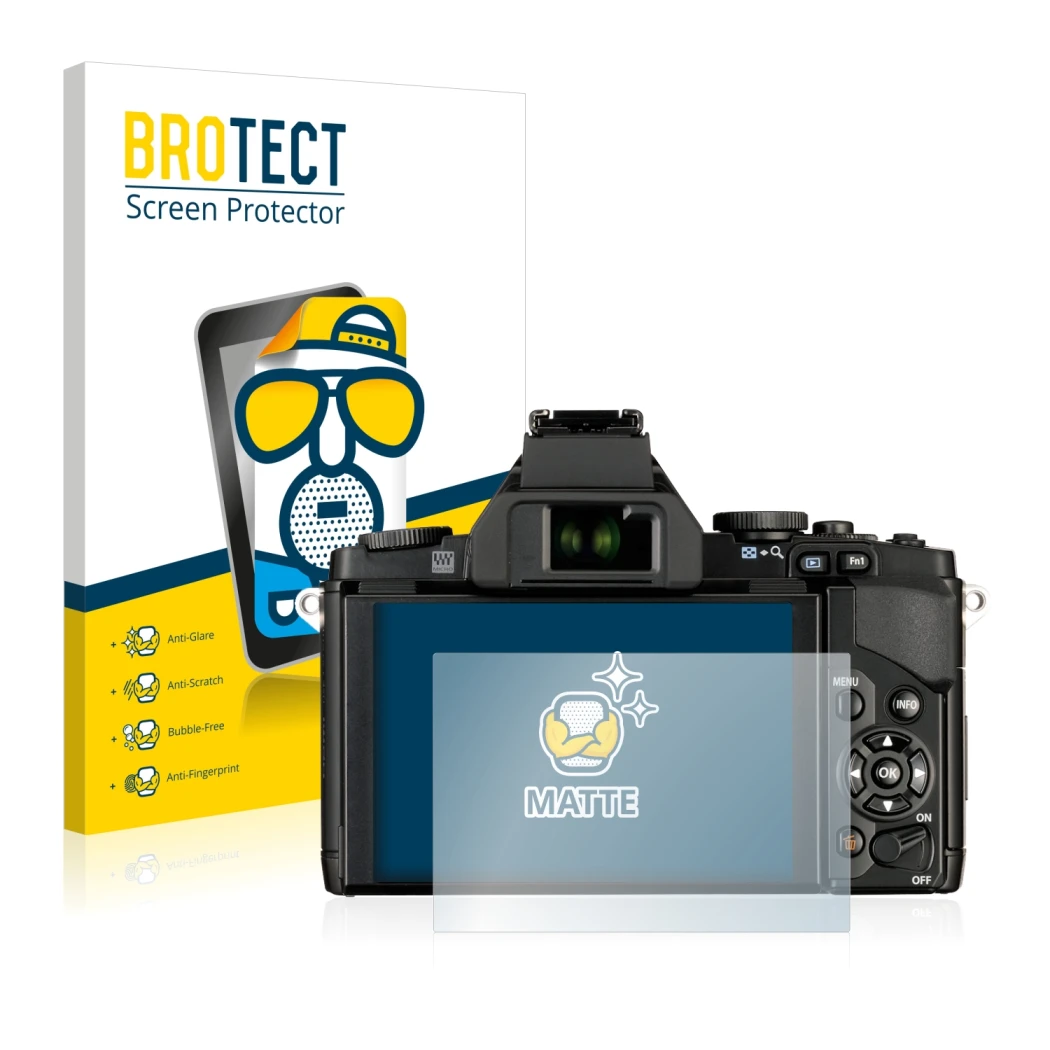 Parte frontal de un envase de producto con el logotipo de la marca BROTECT. Al lado se muestra el dispositivo Olympus OM-D E-M