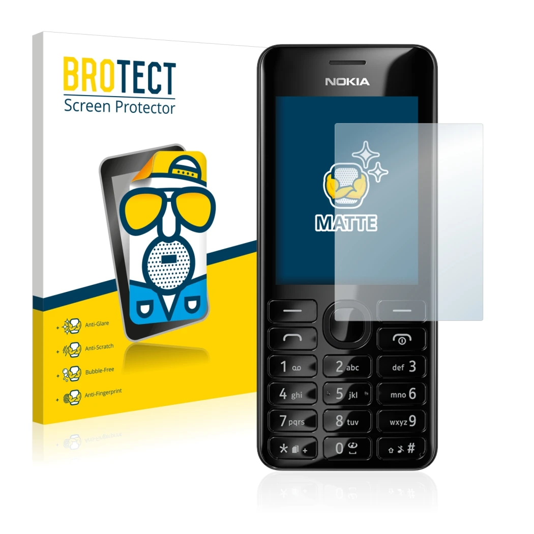 Parte frontal de un envase de producto con el logotipo de la marca BROTECT. Al lado se muestra el dispositivo Nokia 206 Dual S