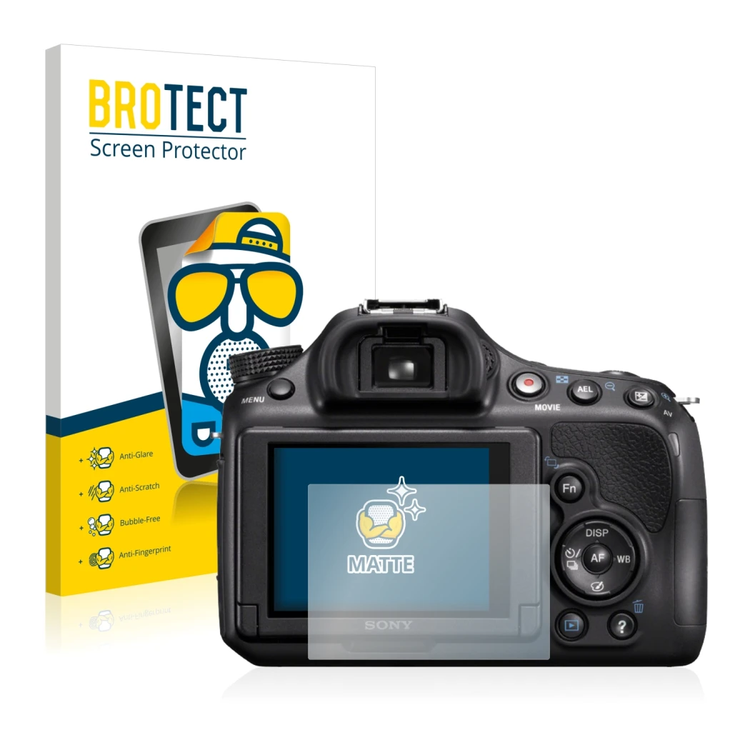 Parte frontal de un envase de producto con el logotipo de la marca BROTECT. Al lado se muestra el dispositivo Sony Alpha 58 (S