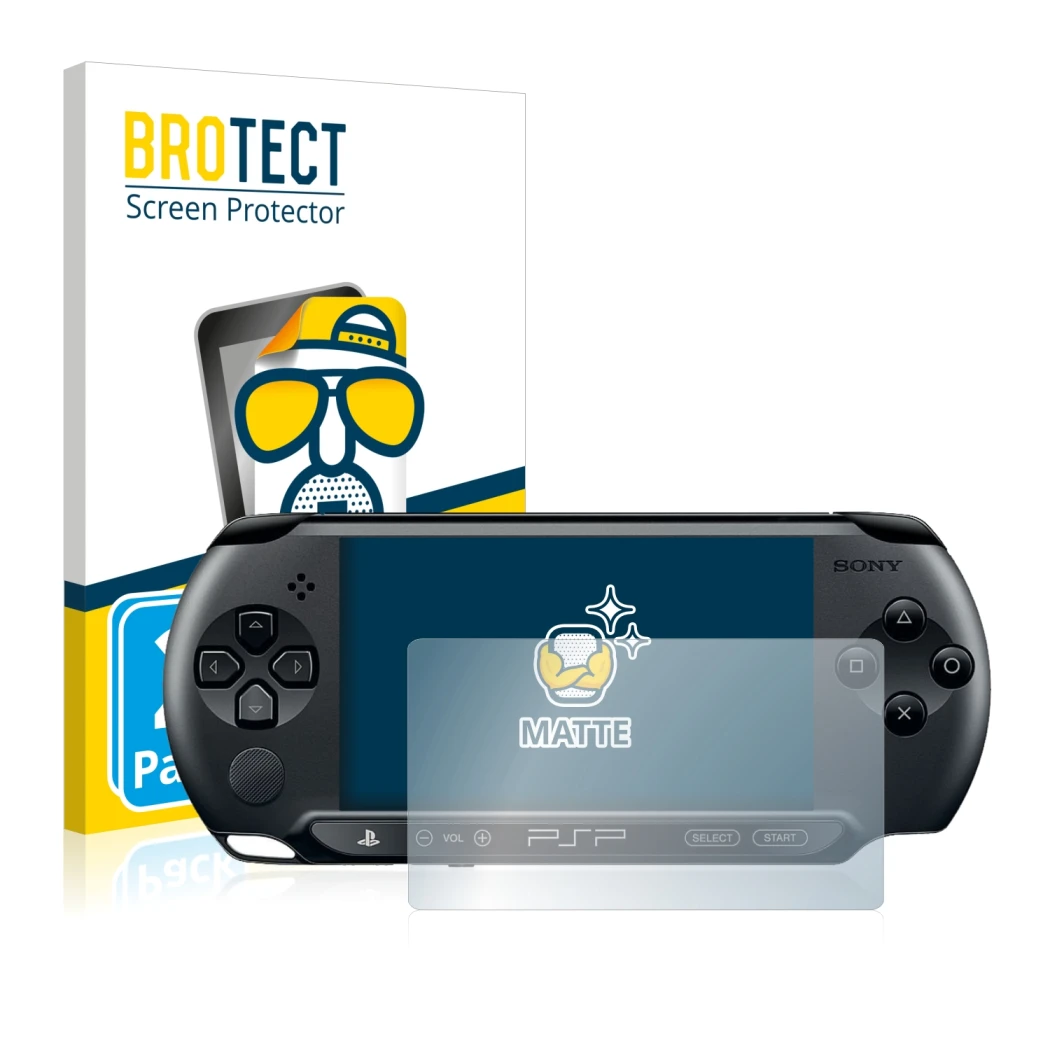Parte frontal de un envase de producto con el logotipo de la marca BROTECT. Al lado se muestra el dispositivo Sony PSP 1004 co