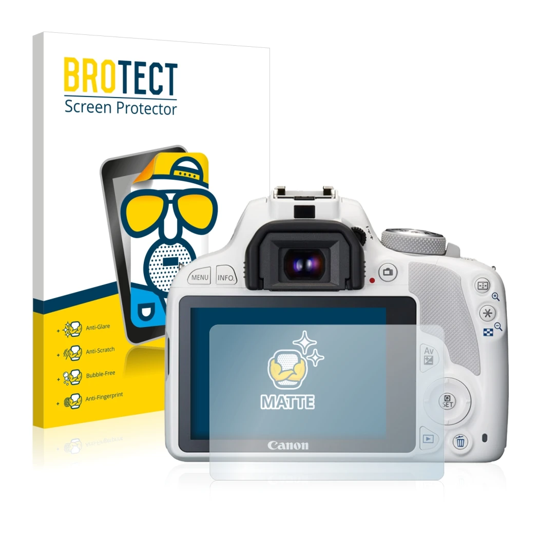 Parte frontal de un envase de producto con el logotipo de la marca BROTECT. Al lado se muestra el dispositivo Canon EOS 100D c