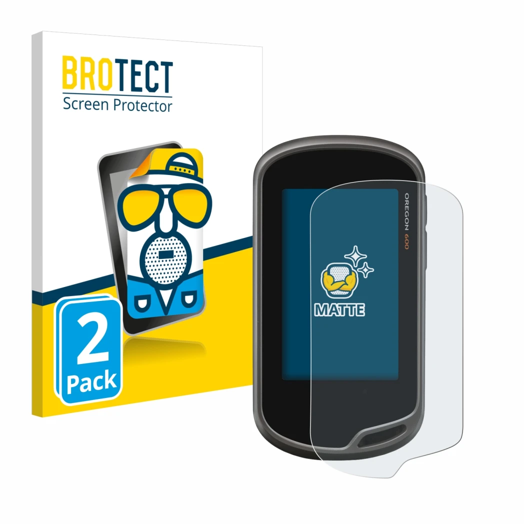 Parte frontal de un envase de producto con el logotipo de la marca BROTECT. Al lado se muestra el dispositivo Garmin Oregon 60