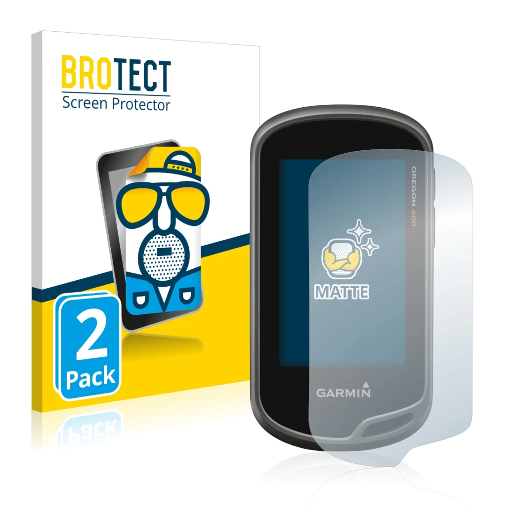 Parte frontal de un envase de producto con el logotipo de la marca BROTECT. Al lado se muestra el dispositivo Garmin Oregon 65